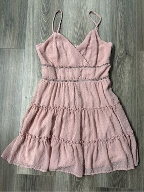 Altar'd State Pink Rose Swiss Dot Tiered Mini Dress Coquette L Adjustable Straps